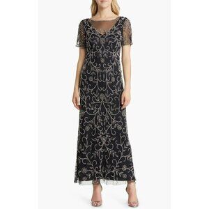 NWT Pisarro Nights Floral Beaded Short Sleeve A-Line Gown SZ 2/4